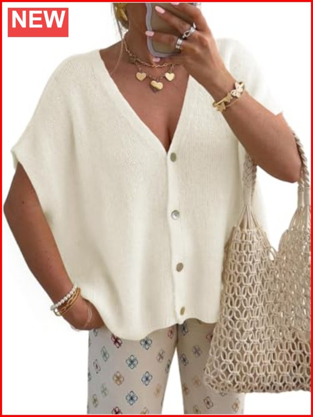 Womens Short Sleeve Cardigan Lightweight Knit Button Up V-Neck Loose Fit